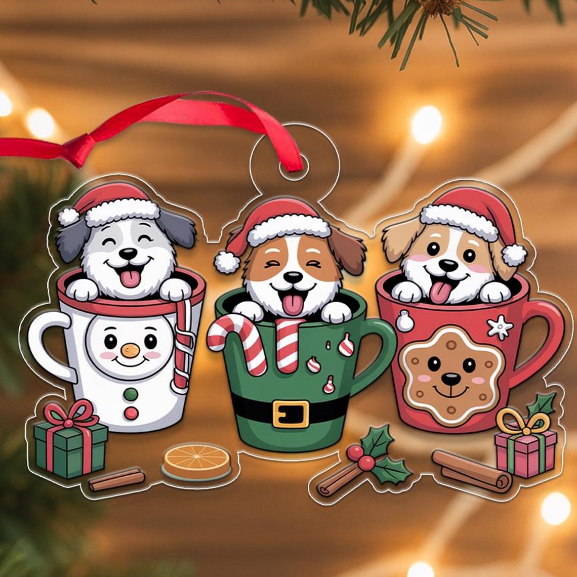 Cute Puppies Christmas Mugs Santa Hats Ornament Dog Lover Gift Poster