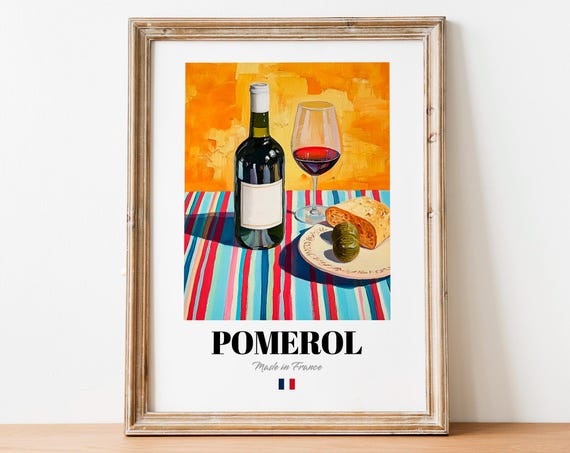 Pomerol French Red Wine Glass Bread Striped Tablecloth Art Poster