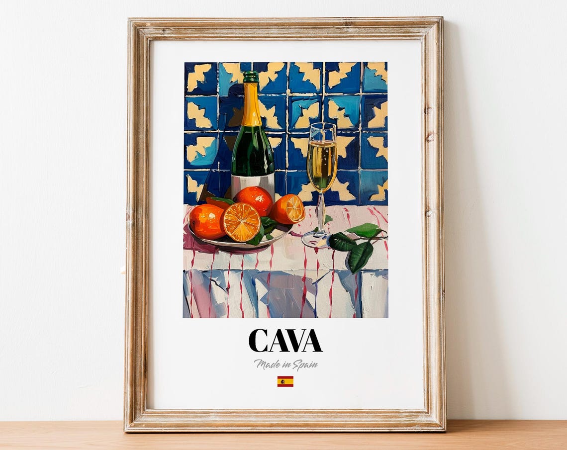 Cava Sparkling Wine Bottle Blue Tile Spanish Still Life Poster