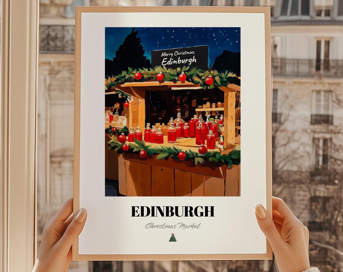 Edinburgh Christmas Market Night Stall Scotland Travel Poster
