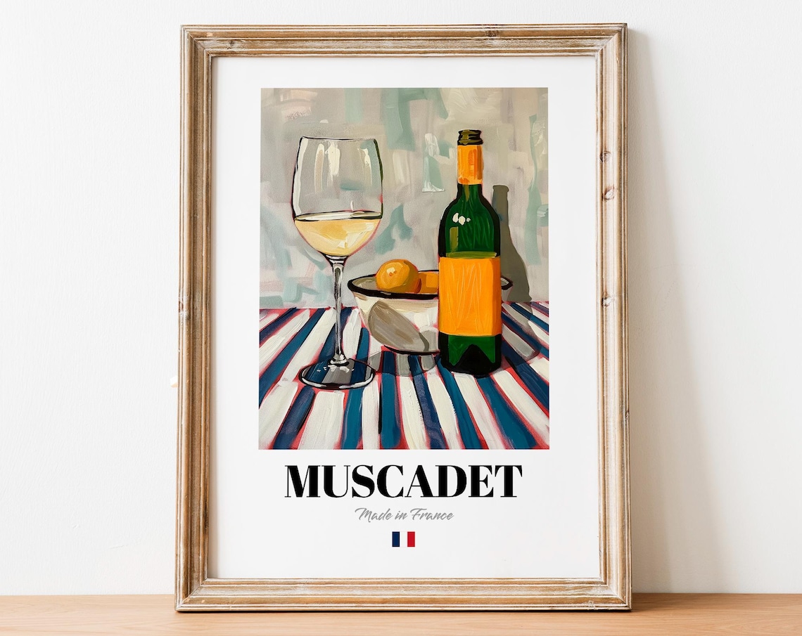 Muscadet French White Wine Still Life Glass Bottle Bar Poster