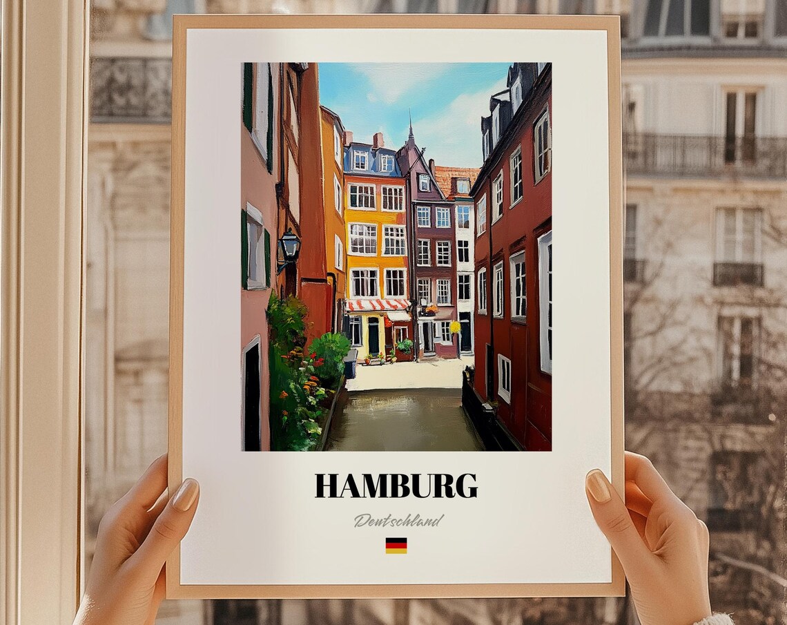 Hamburg Germany Travel Poster Old Town Street Painting City Wall Decor