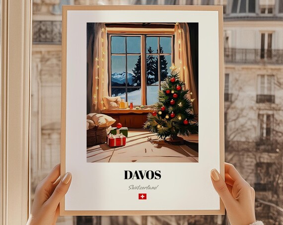 Davos Switzerland Christmas Room Window View Snowy Mountain Scene Poster