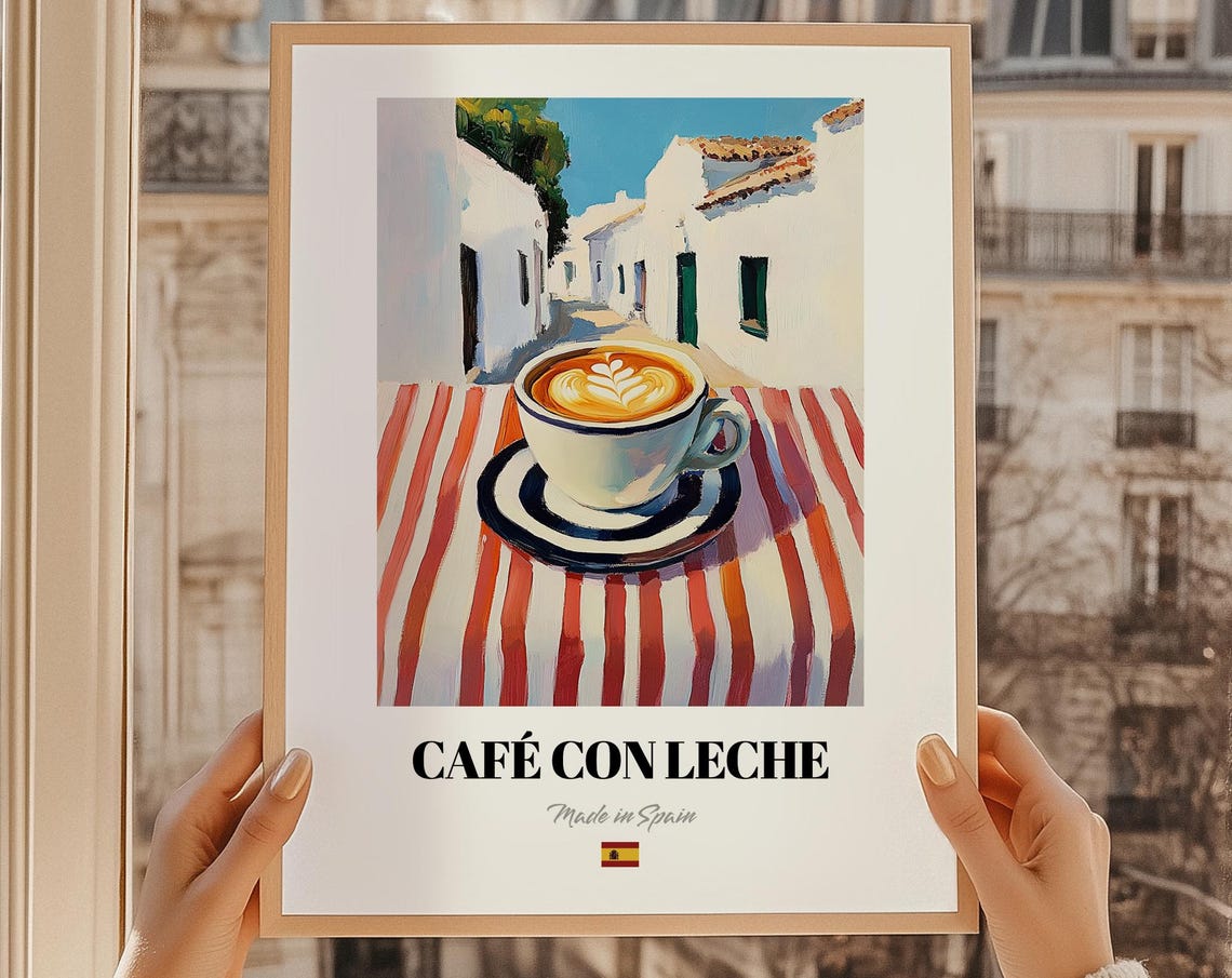 Spanish Cafe Con Leche Coffee Cup White Village Street Poster