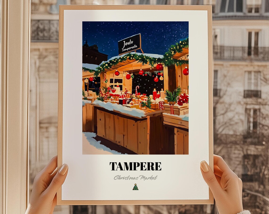 Tampere Finland Christmas Market Poster Winter Night Stall Travel Art