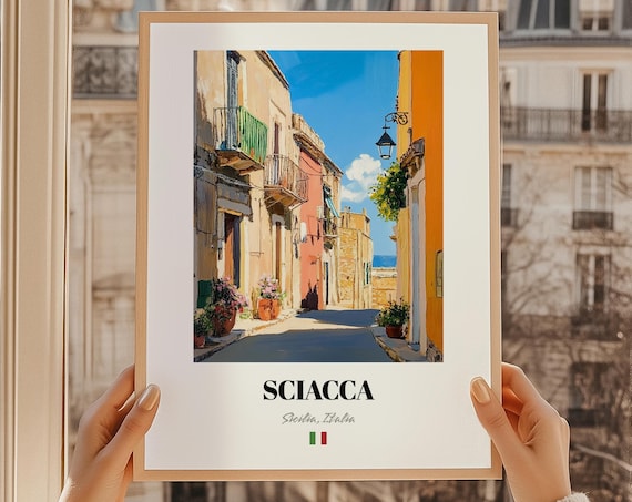 Sciacca Sicily Italy Sunlit Balcony Street Oil Painting Style Poster