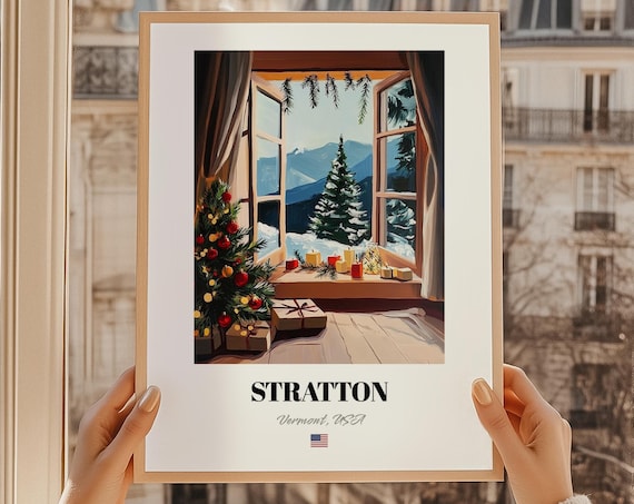 Stratton Vermont USA Christmas Window Scene Winter Ski Poster