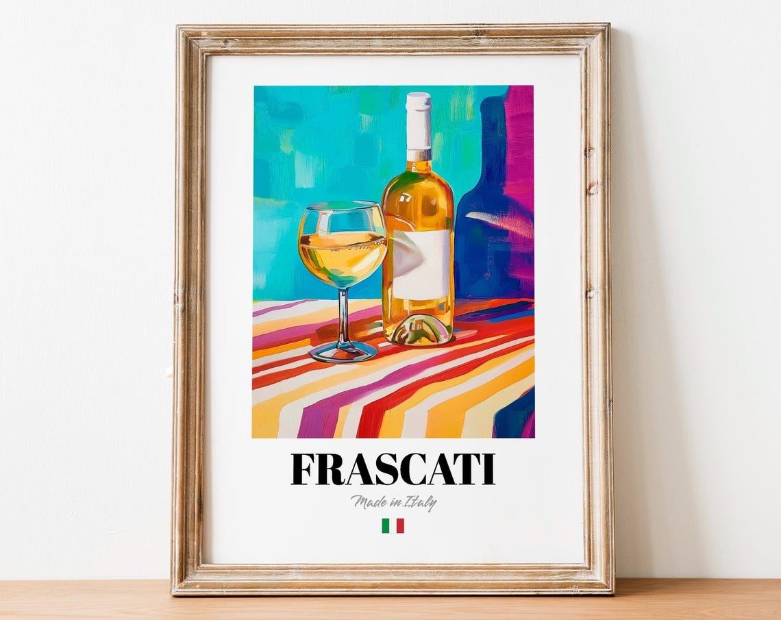 Frascati Italian White Wine Bold Colorful Still Life Scene Poster