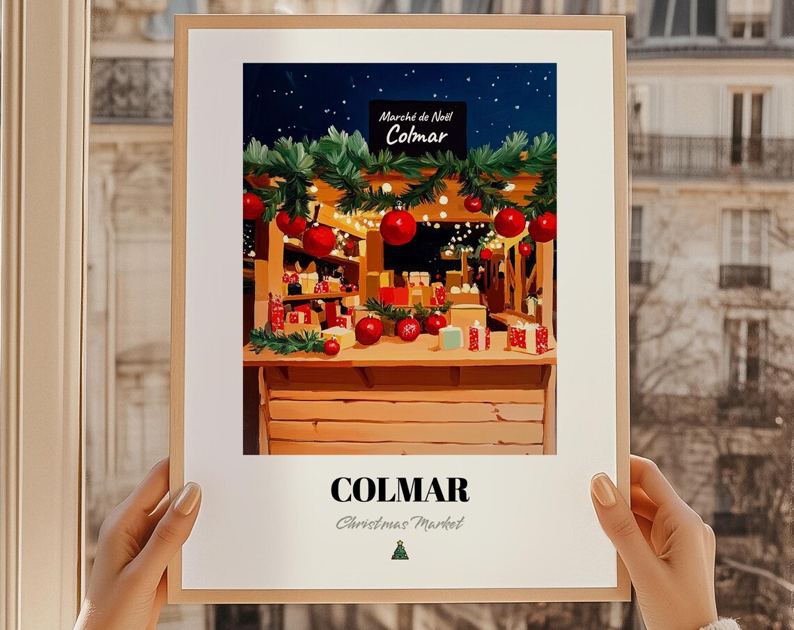 Colmar Christmas Market Night Stall France Holiday Travel Poster