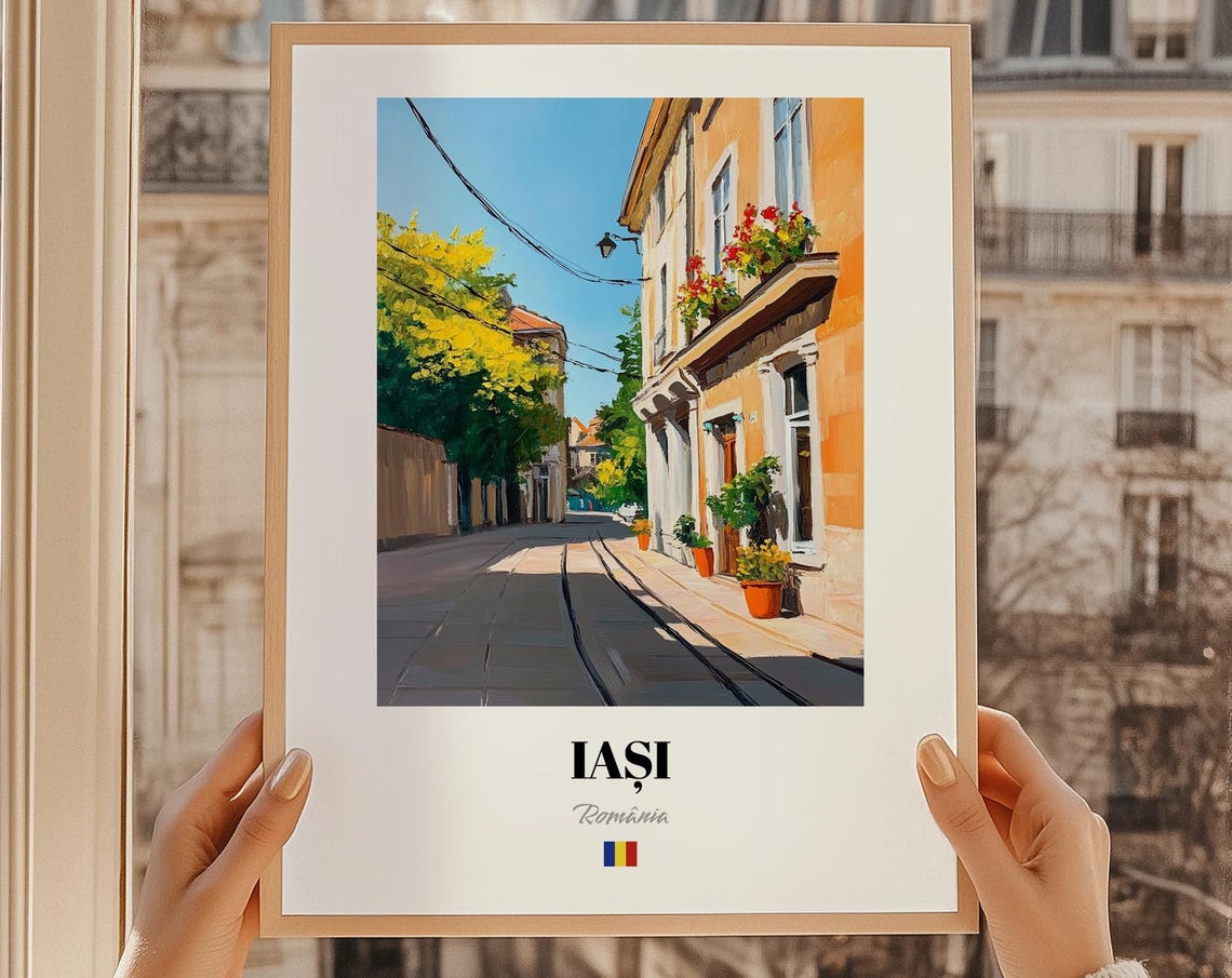 Iasi Romania Sunny Flower Lined Old Street Oil Painting Poster