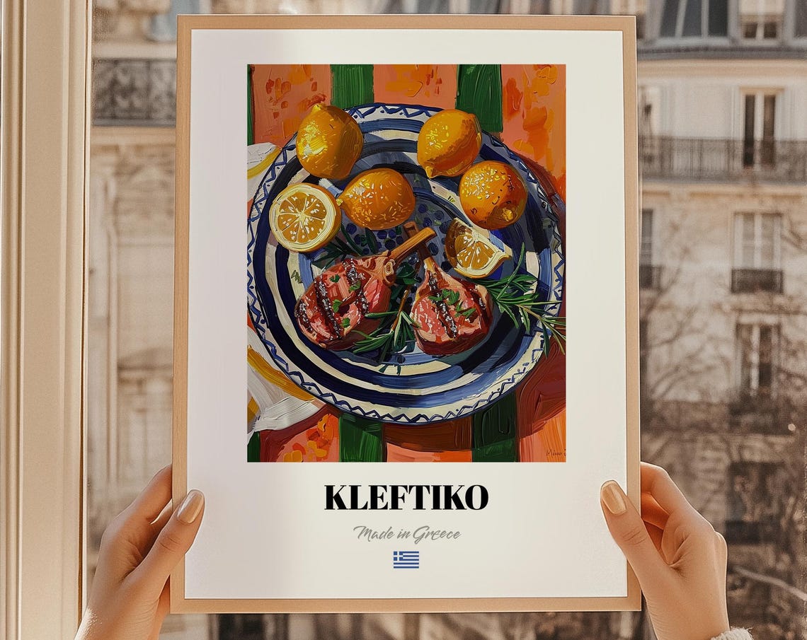 Kleftiko Greek Lamb Chops Lemon Colorful Food Kitchen Art Poster