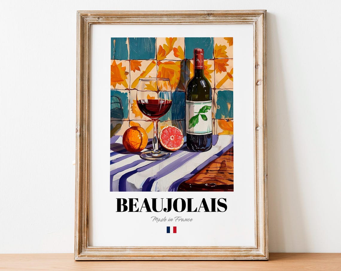Beaujolais French Red Wine Bottle Glass Citrus Tile Still Life Poster
