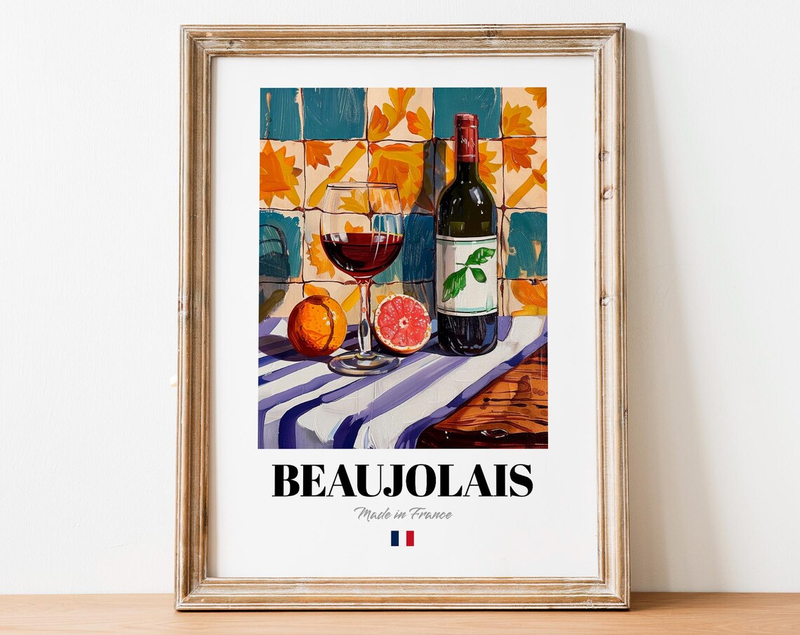 Vintage Beaujolais Glass Print Poster Boho Wine Art For Homes And Cafs