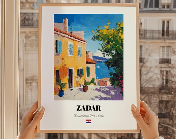 Zadar Croatia Yellow House Blue Sea Painting Adriatic Travel Poster