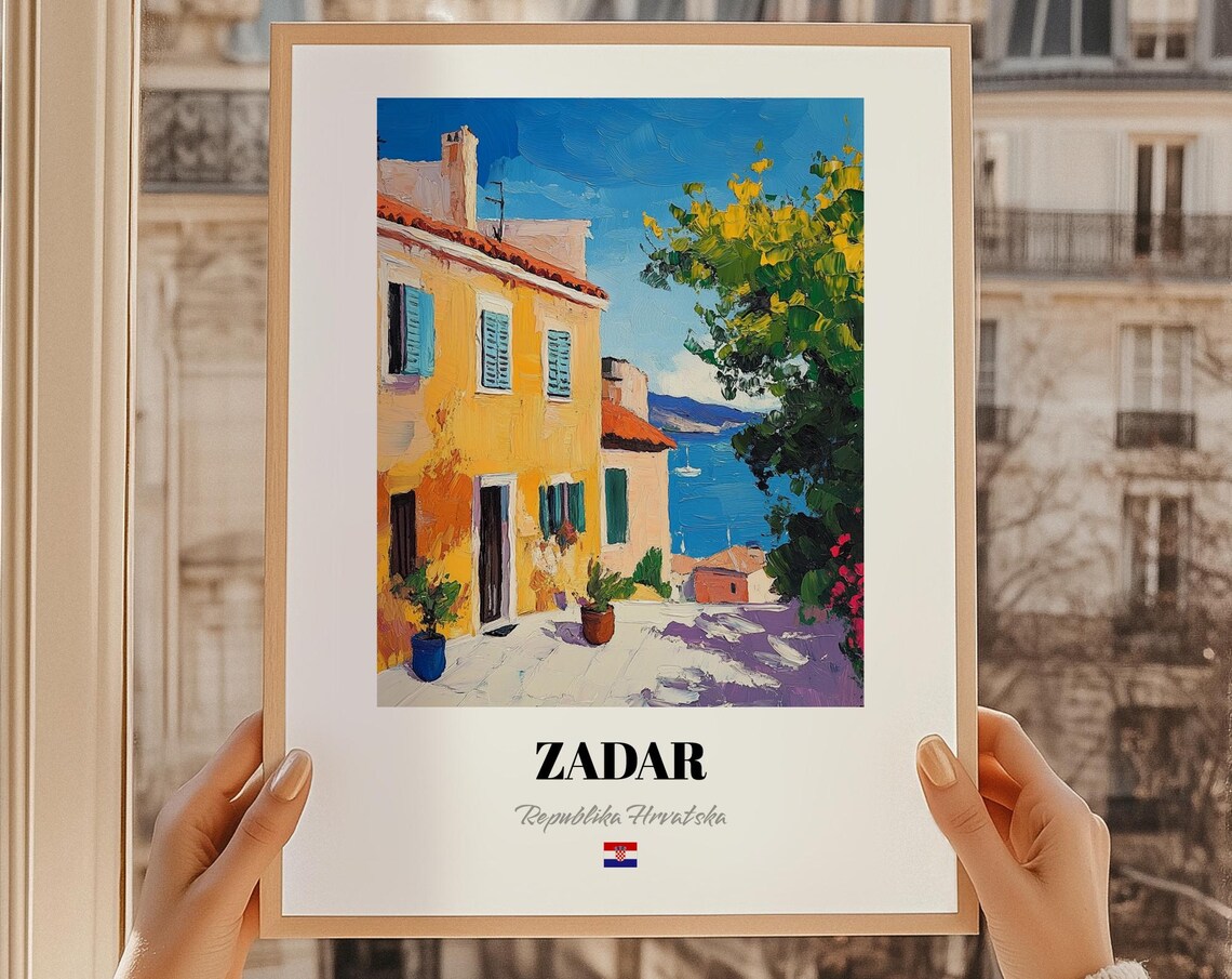 Zadar Croatia Yellow House Blue Sea Painting Adriatic Travel Poster