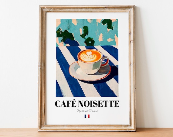 Cafe Noisette French Coffee Cup With Latte Art Blue Stripes Poster