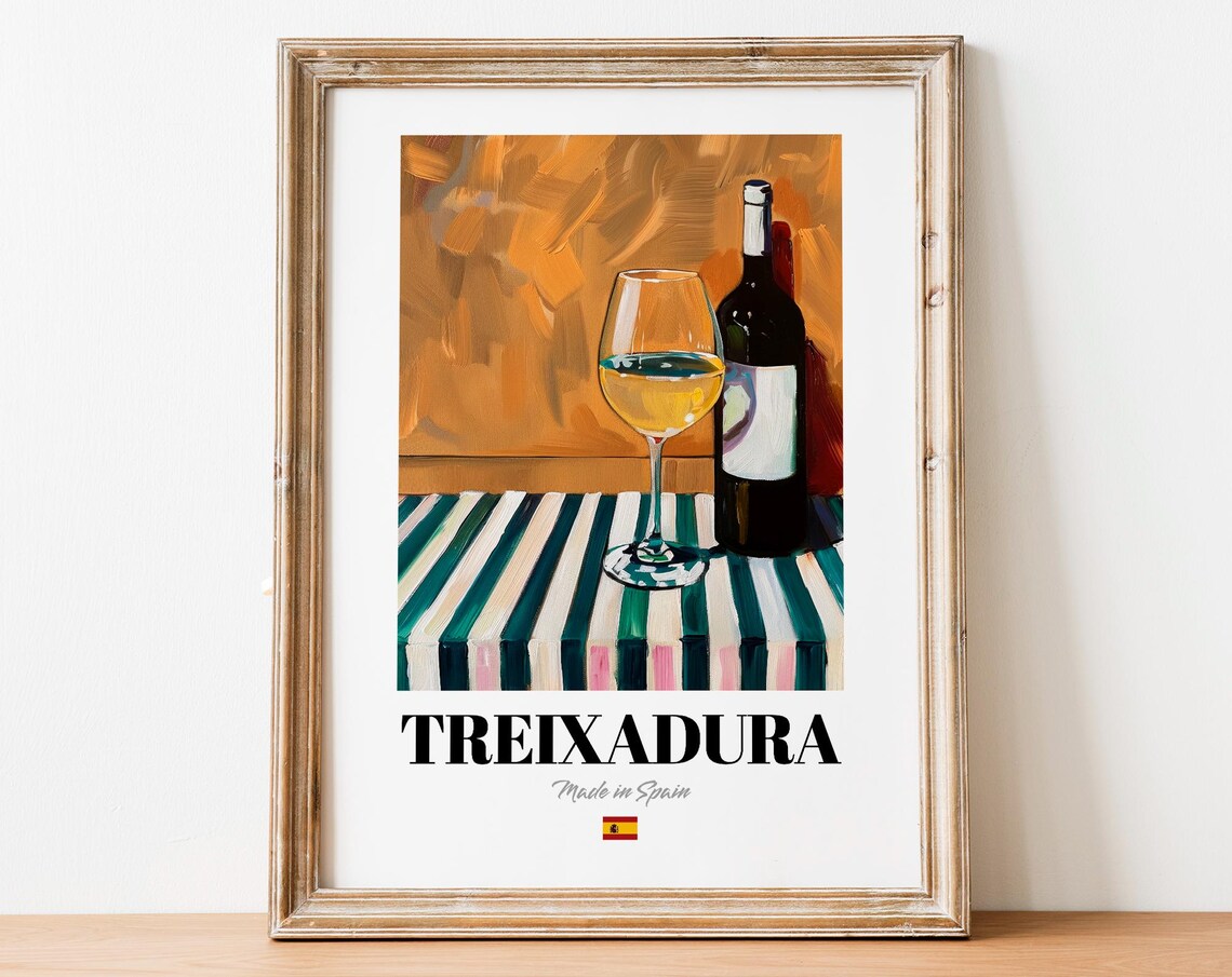 Treixadura Spanish White Wine Bottle And Glass Striped Cloth Poster