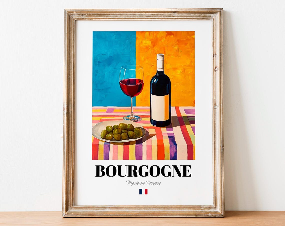 Bourgogne French Red Wine Glass Bottle Olives Striped Cloth Poster