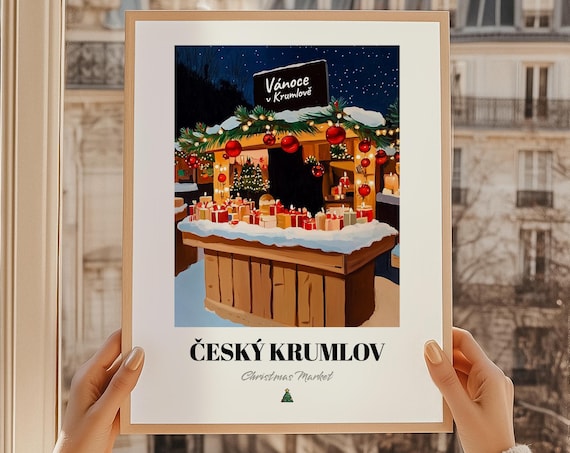 Cesky Krumlov Christmas Market Poster Snowy Stall Night Holiday