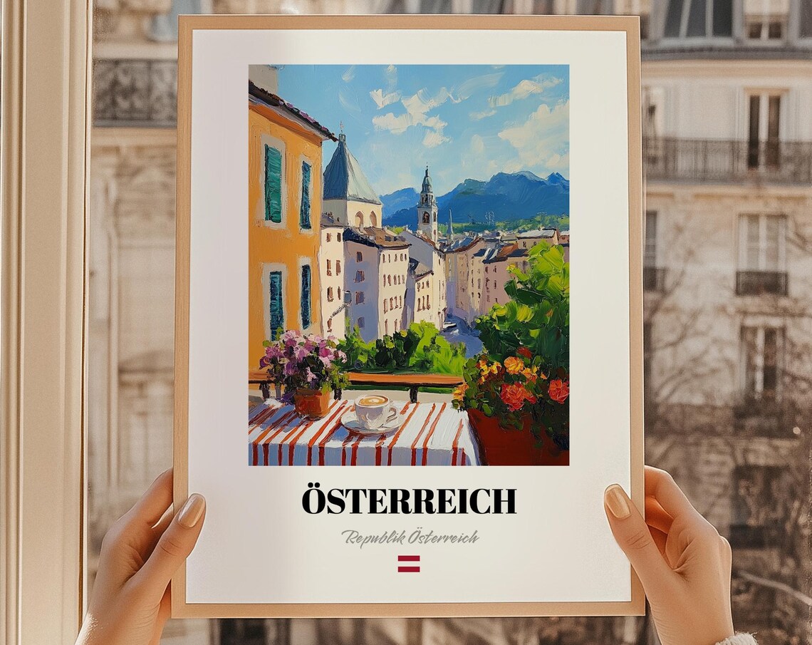 Österreich Austria Painted Balcony Cafe Church Spire View Travel Poster