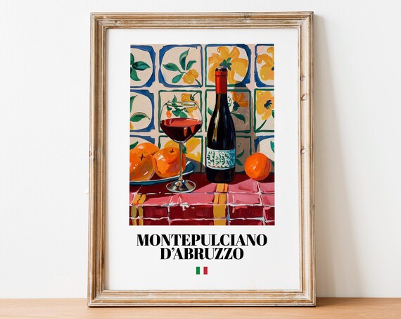 Vintage Montepulciano Bottle Print Poster Italian Vineyard Art For Culinary Spaces