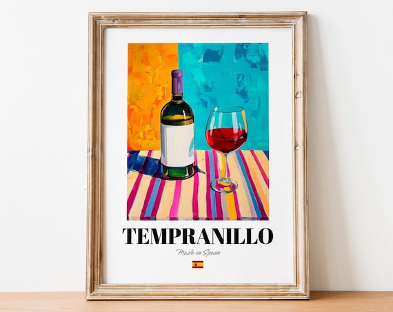Tempranillo Made in Spain Red Wine Bottle and Glass Painted Poster