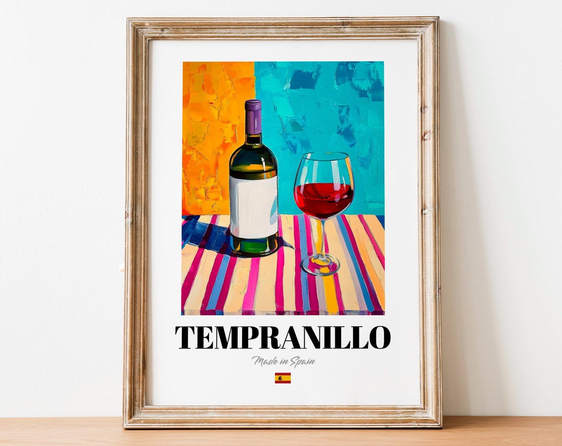 Tempranillo Made in Spain Red Wine Bottle and Glass Painted Poster