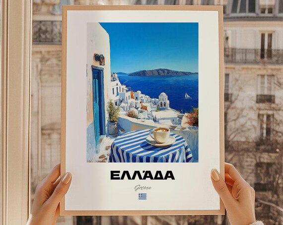 Greece Travel Poster Cyclades Island Village Painting Sea View Decor