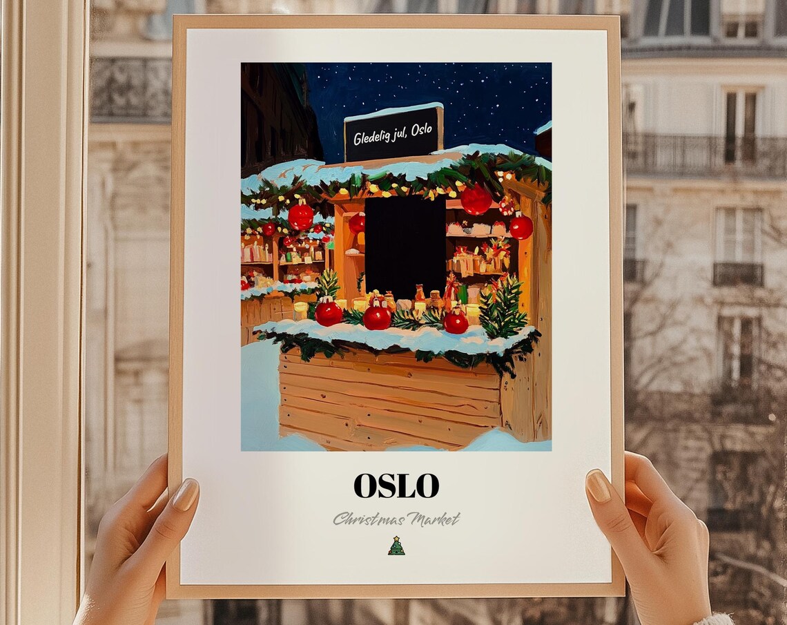 Oslo Christmas Market Wooden Stall Night Snow Holiday Poster