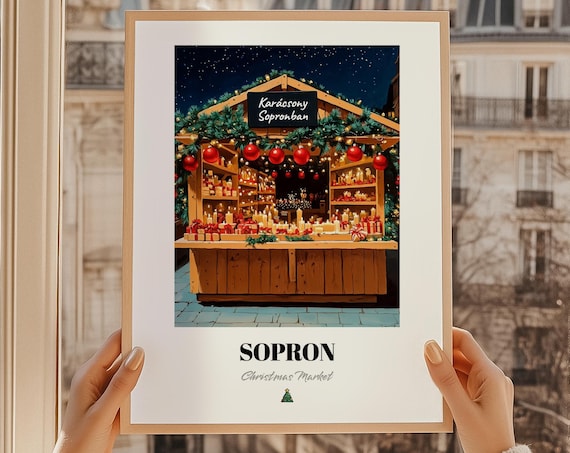 Sopron Christmas Market Candle Stall Hungary Night Travel Poster