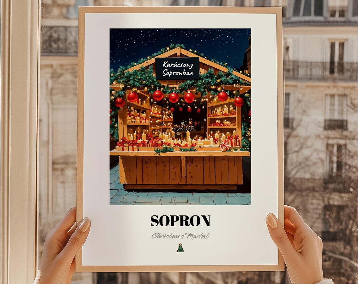 Sopron Christmas Market Candle Stall Hungary Night Travel Poster