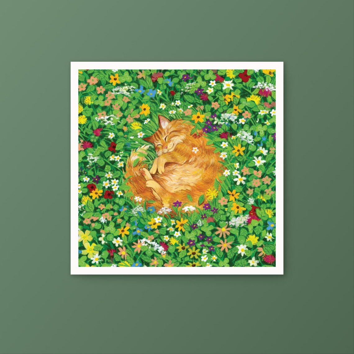Flower Cat Nap Gouache Art Print, Cat Lovers - Image 3
