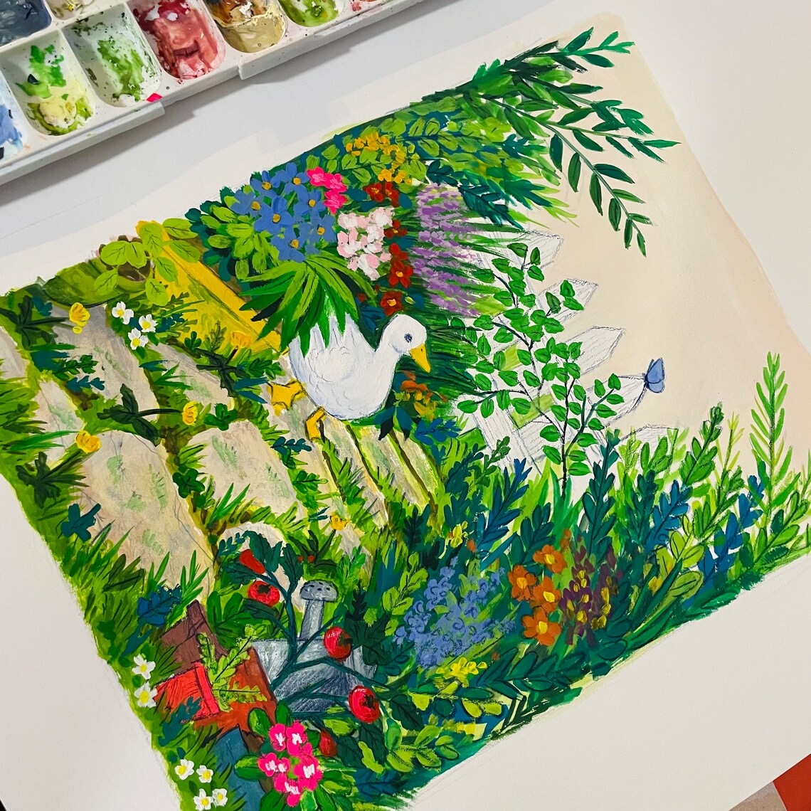 White Duck in Blooming Cottage Flower Garden Gouache Art Print - Image 2