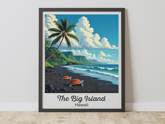 The Big Island Hawaii Sea Turtles Black Sand Beach Travel Poster