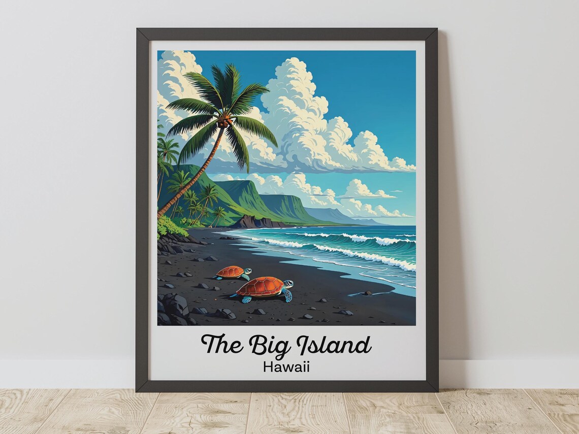 The Big Island Hawaii Sea Turtles Black Sand Beach Travel Poster