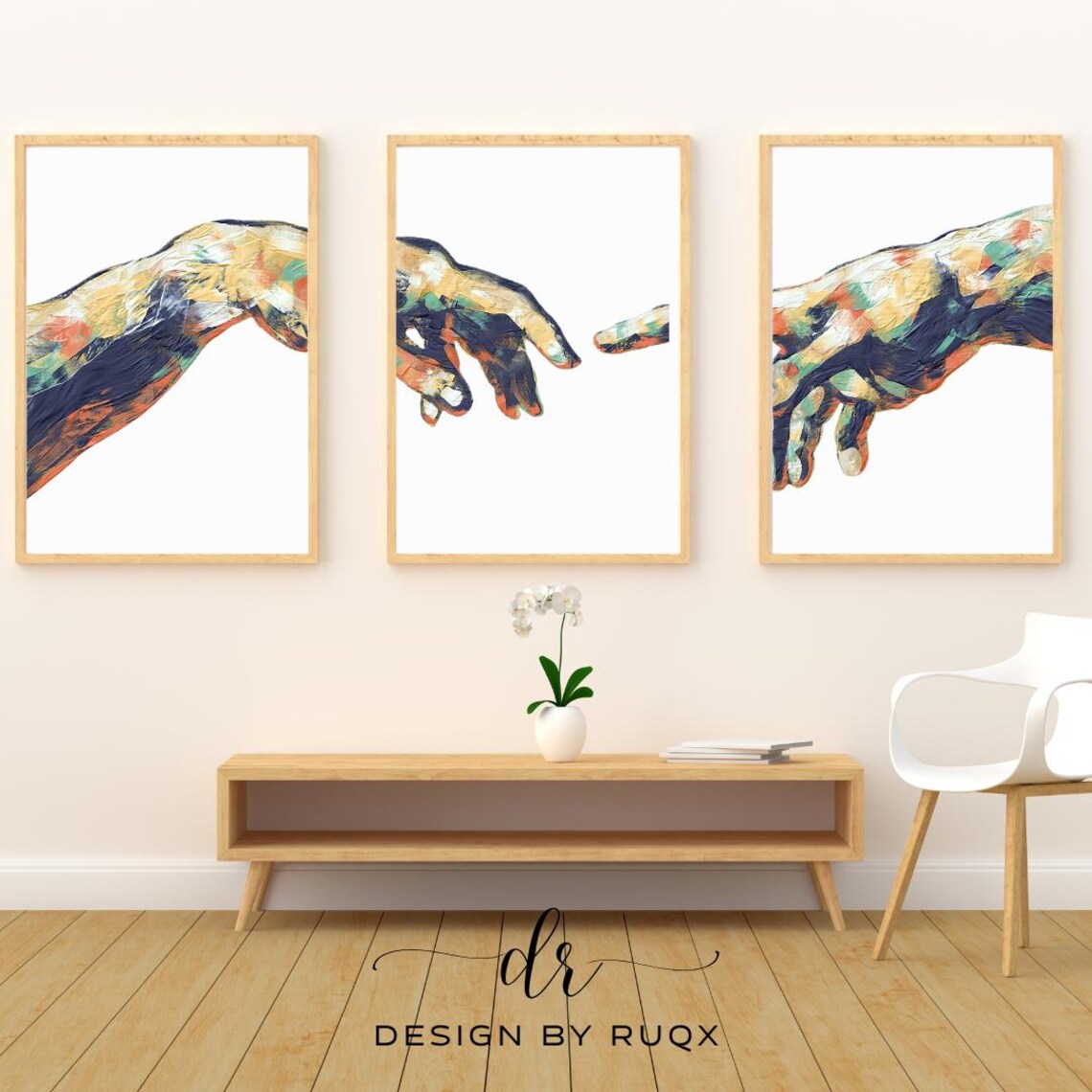 Set Of 3 Creation Of Adam Hands Colorful Minimalist Wall Art