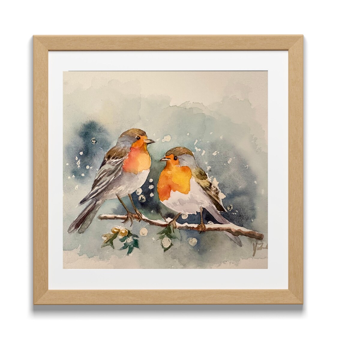 Pair of Robins in Winter Snow Watercolor Christmas Bird Poster - Image 6