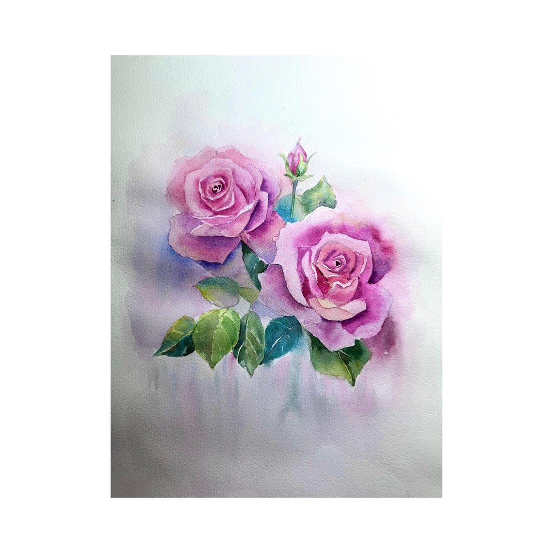 Two Delicate Pink Roses with Buds Watercolor Floral Art Poster - Image 2