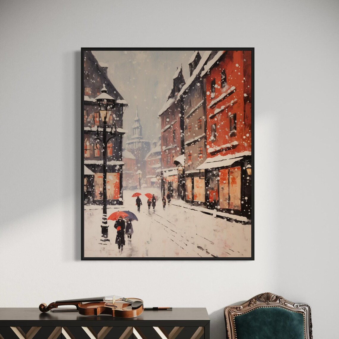 Snowy City Street Red Umbrellas Romantic Winter Scene Wall Poster