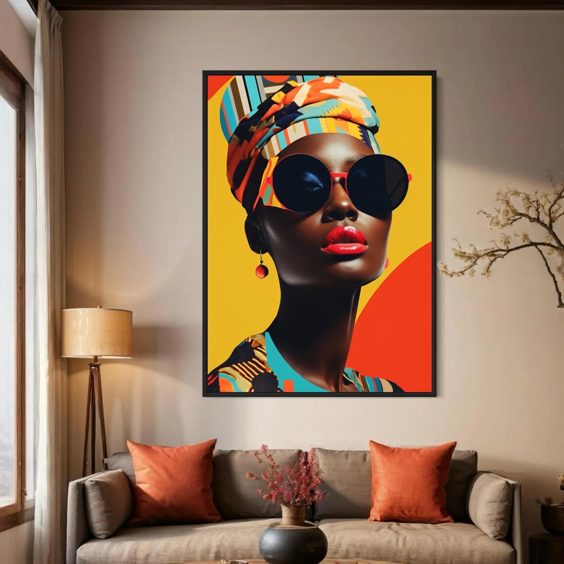 Black Woman in Colorful Headwrap and Sunglasses Pop Art Portrait Poster