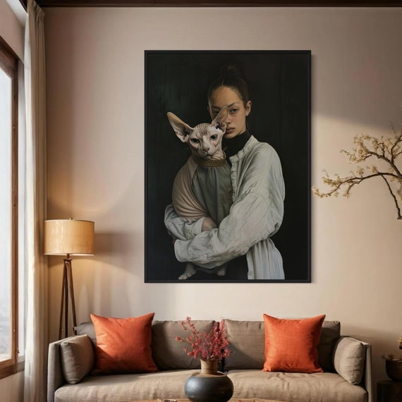 Cat With Cute Girl Wall Art Cat Lady Print Art Art Modern Farmhouse Art Dressed Cat Wall Art Cat Lover Gift