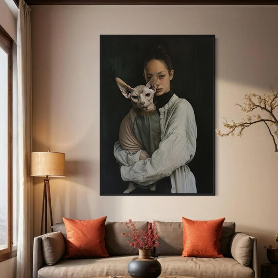 Moody Girl Holding Sphynx Cat Dark Oil Style Fine Art Poster