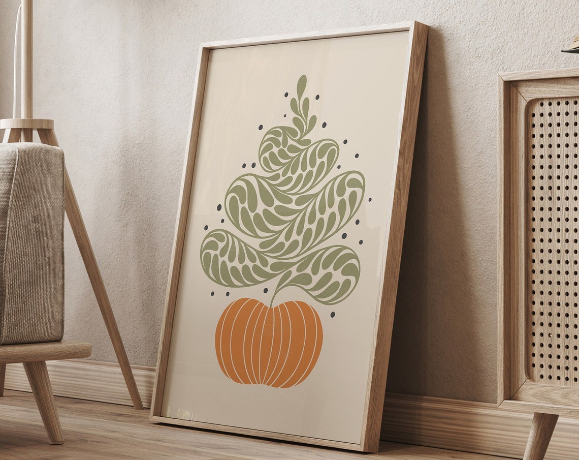 Orange Pumpkin with Green Leafy Top Minimal Fall Decor Poster - Image 2