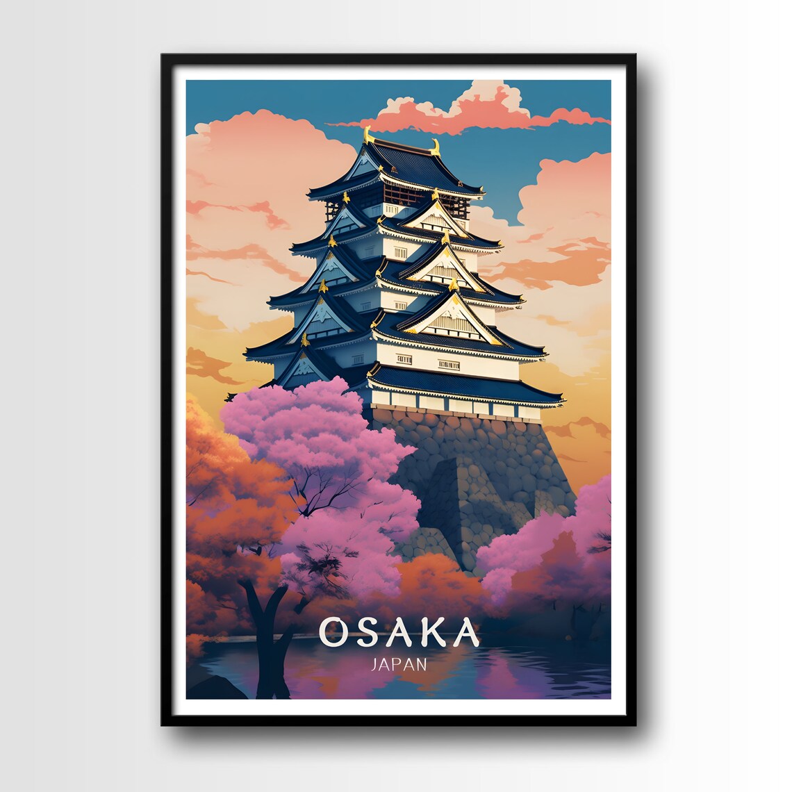 Osaka Japan Castle Cherry Blossom Sunset Landmark Travel Poster