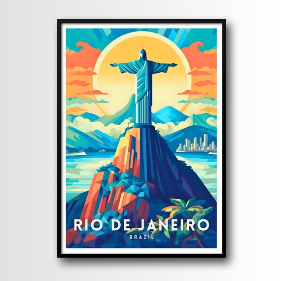 Rio De Janeiro Brazil Christ The Redeemer Statue Sunset Travel Poster