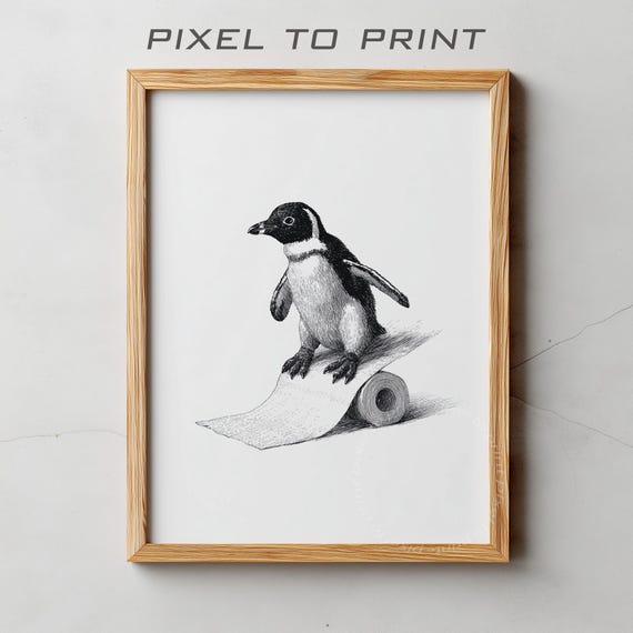 Penguin Sliding On Toilet Paper Bathroom Poster Funny Animal Art