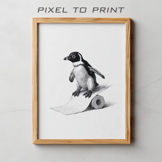 Playful Penguin Riding Toilet Paper Roll Sketch Bathroom Poster