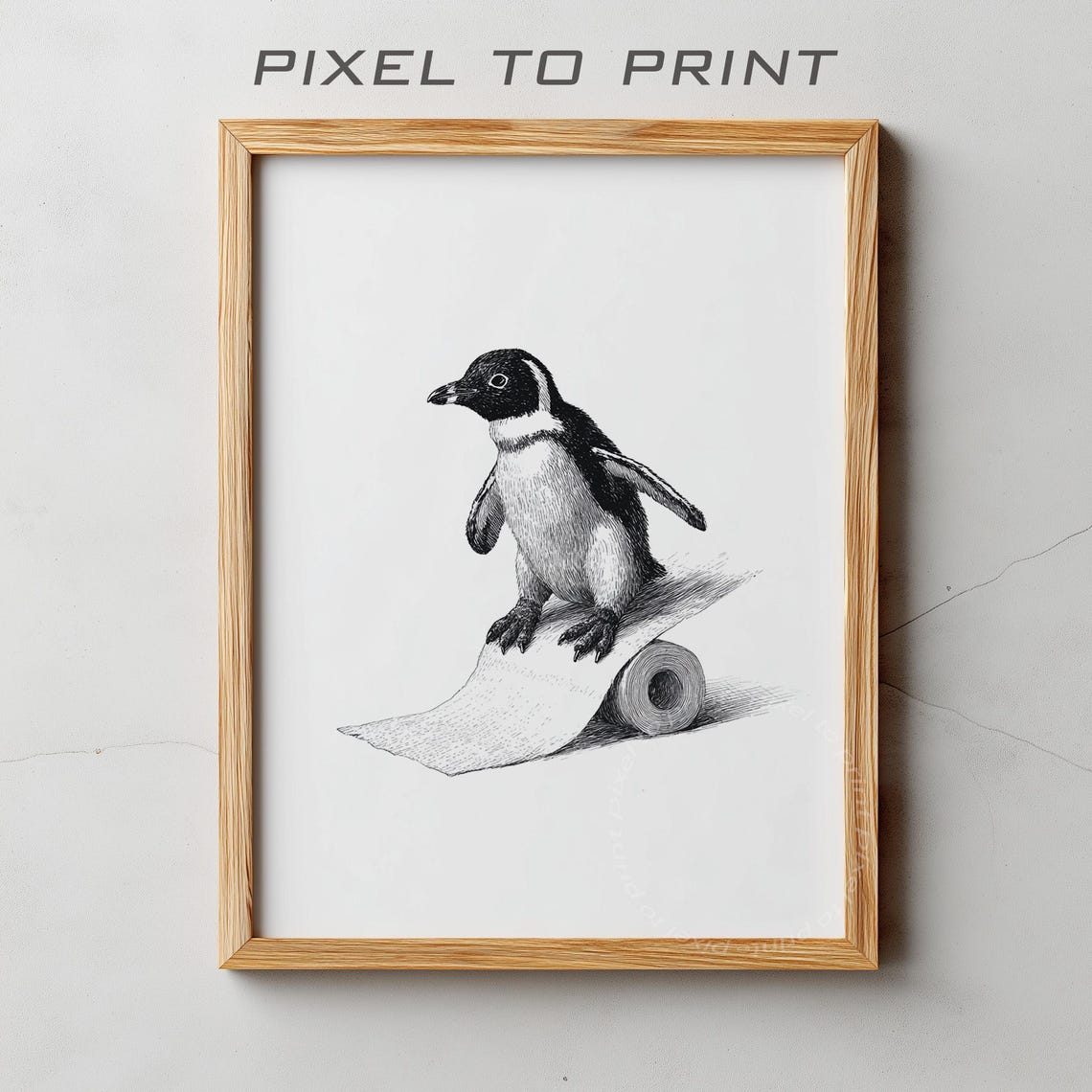 Playful Penguin Riding Toilet Paper Roll Sketch Bathroom Poster