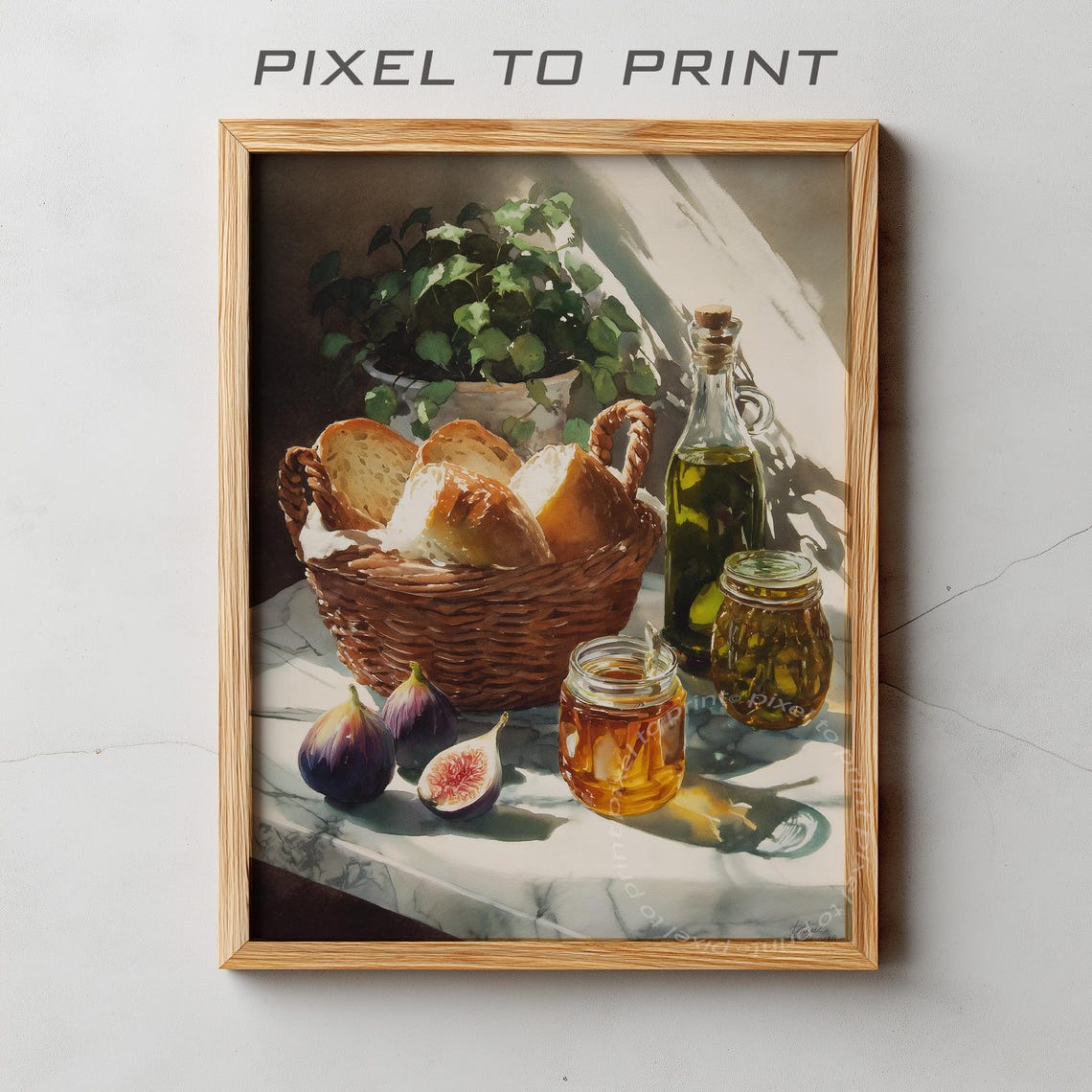 Watercolor Bread Basket Figs Olive Oil Honey Still Life Poster
