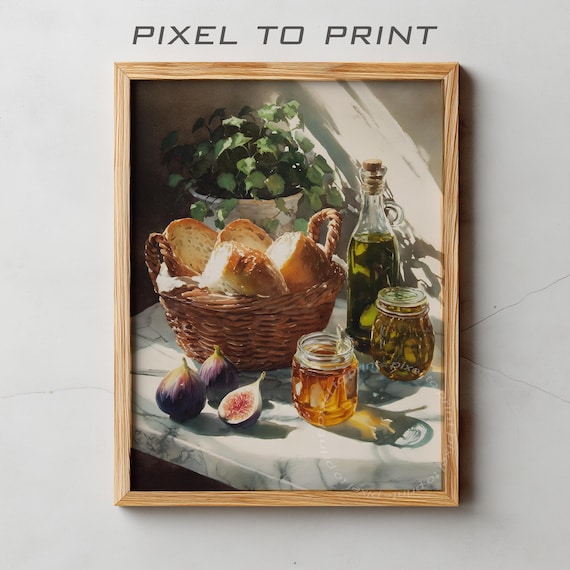 Watercolor Bread Basket Figs Olive Oil Honey Still Life Poster